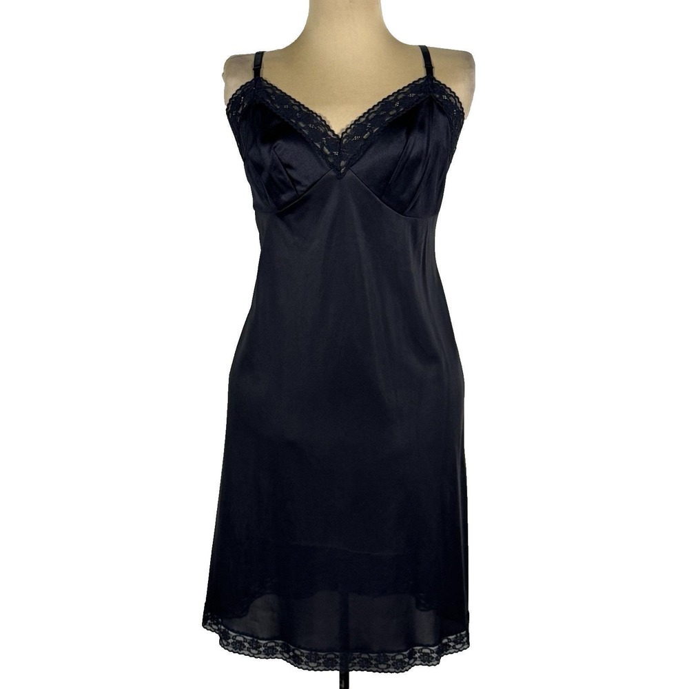 Vintage Vanity Fair Black Nylon Full Slip Dress 38 Lace Trim USA Made Adjustable